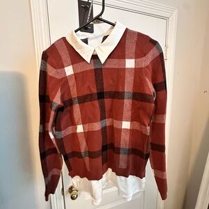Women's Plaid Collared Layered Sweater - Rust